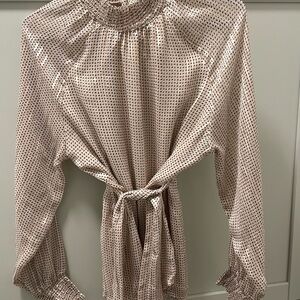 MEXX Dressy Gold, Black & Cream Blouse Medium Waist Tie Button at Turtleneck